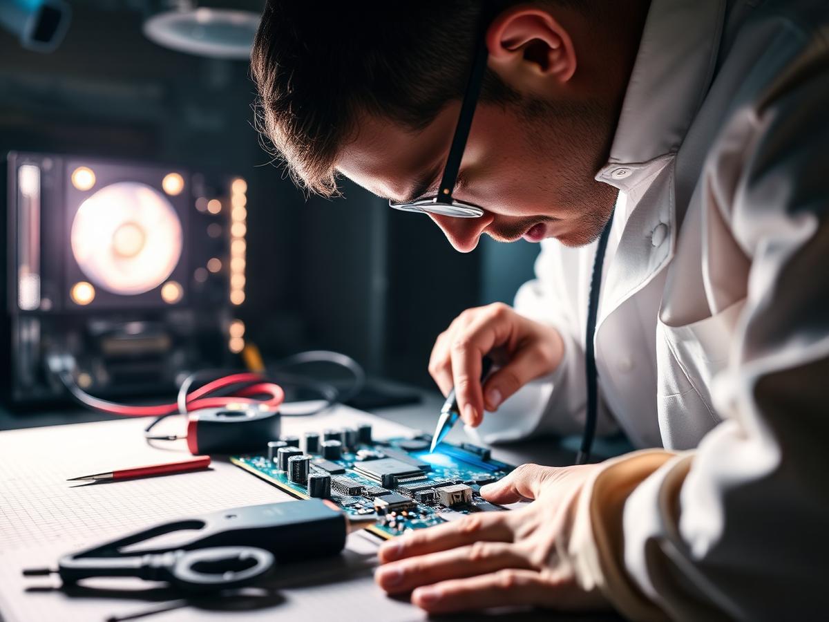 Técnico reparando una placa madre en laboratorio