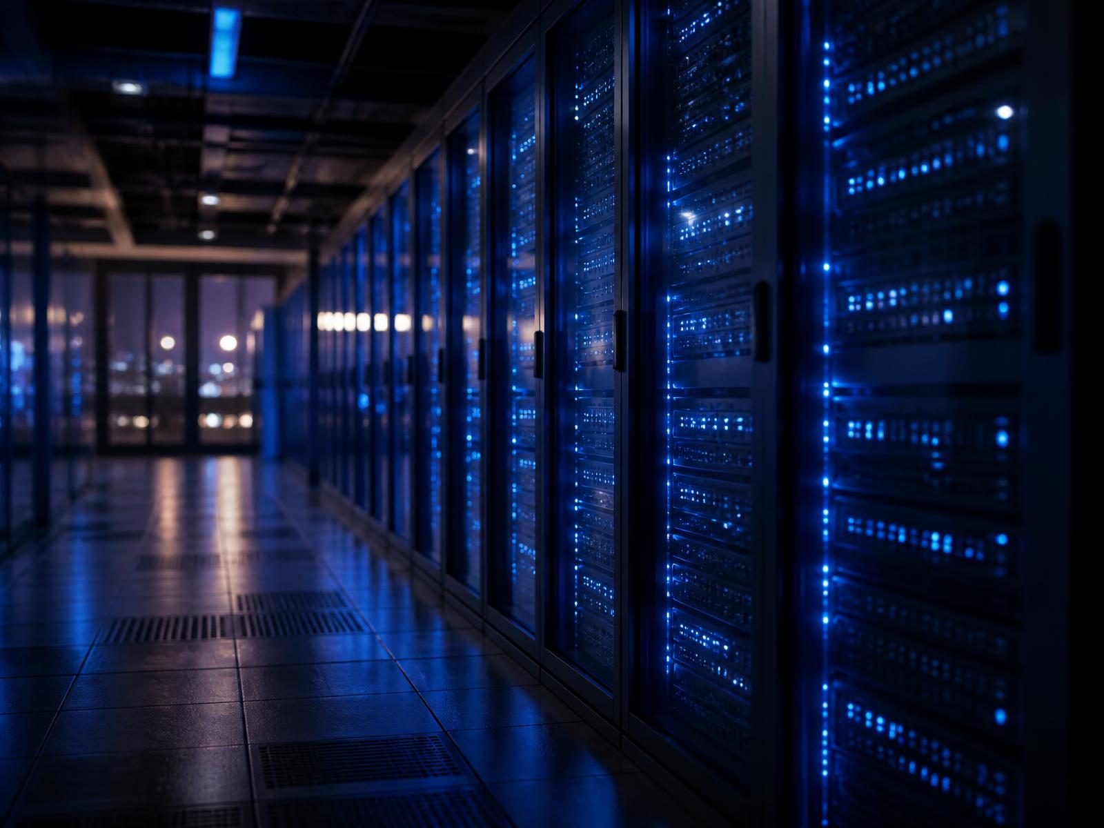 Sala de servidores moderna con racks iluminados