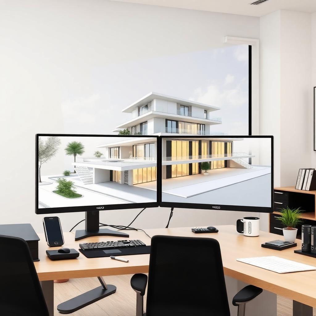Workstation con renderizado 3D de arquitectura en monitores duales