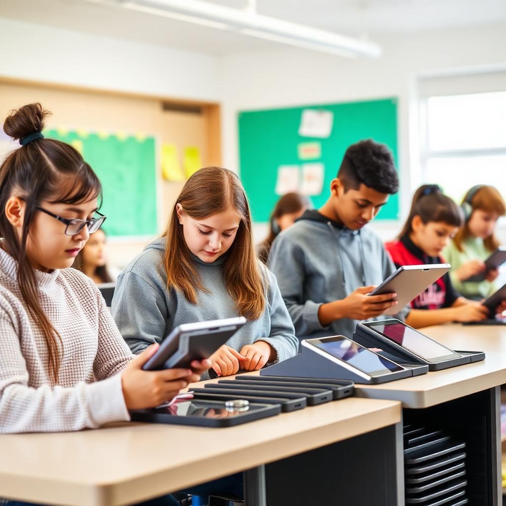 Estudiantes usando tablets en sala de clases
