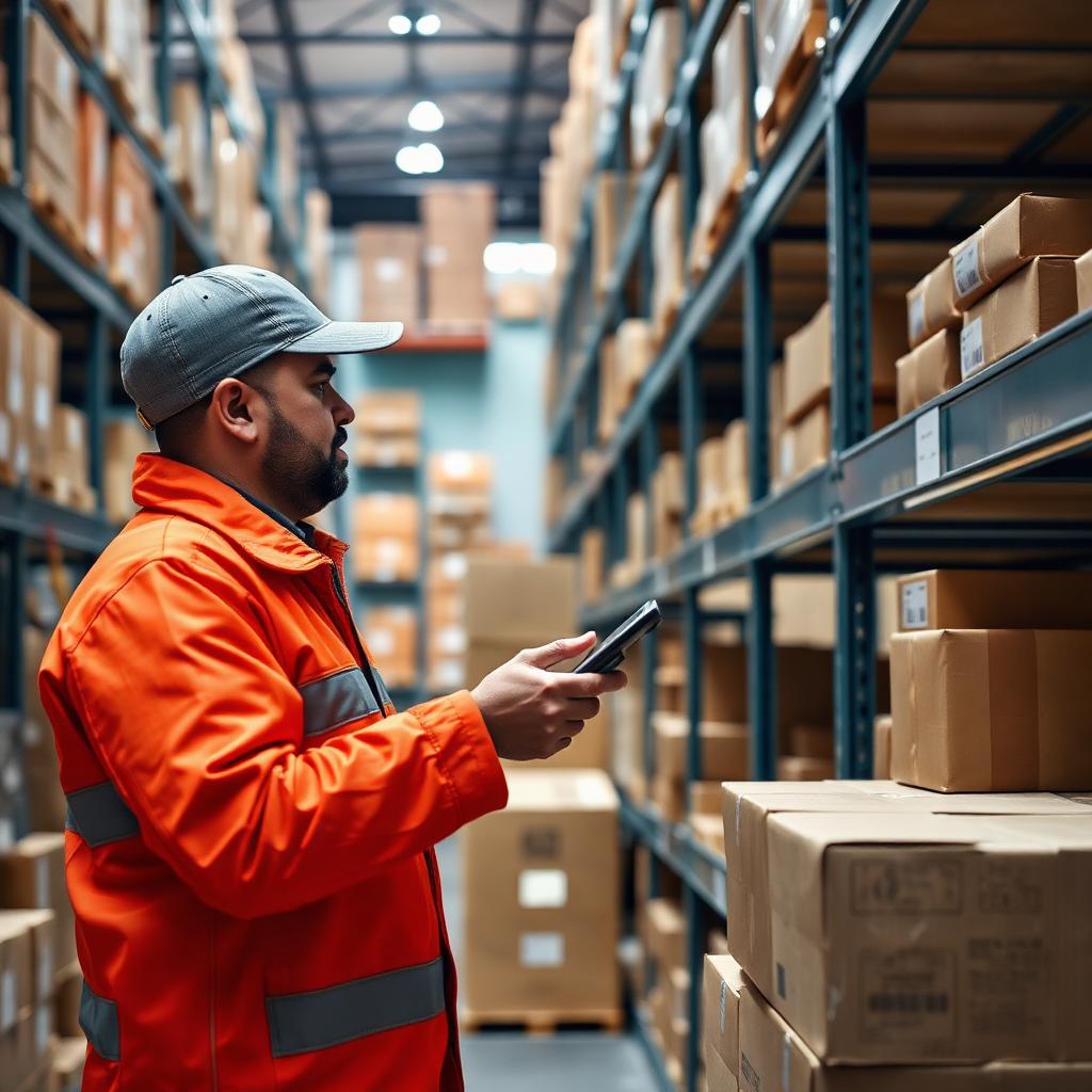 Operario de bodega retail escaneando cajas con terminal móvil